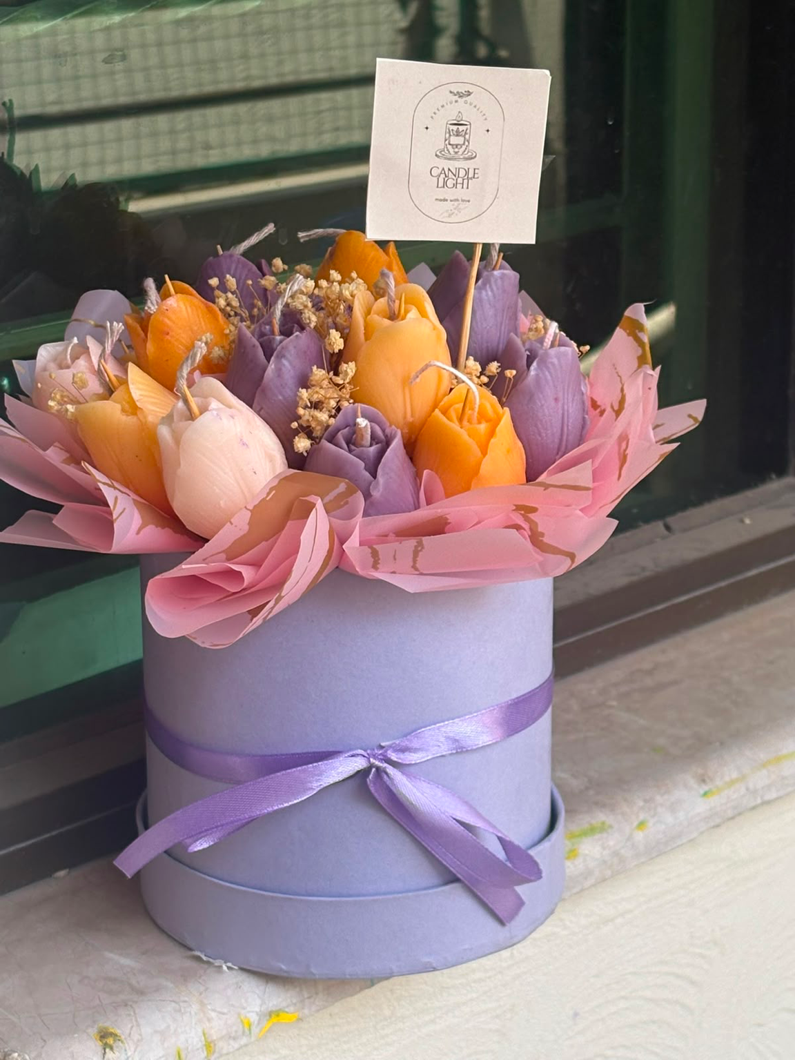 Orange & Purple Floral Candle Arrangement