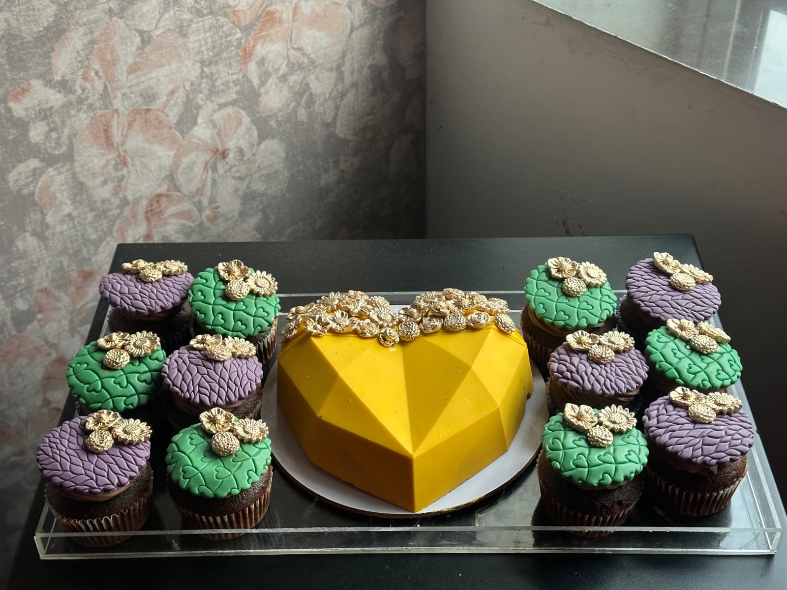 Yellow Heart Cake with Gold Flowers