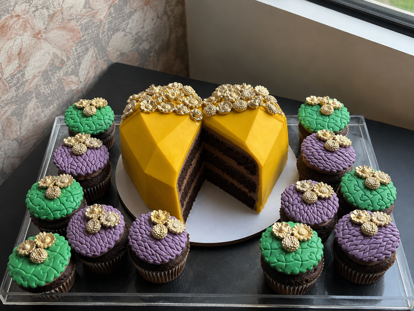 Yellow Heart Cake with Gold Flowers