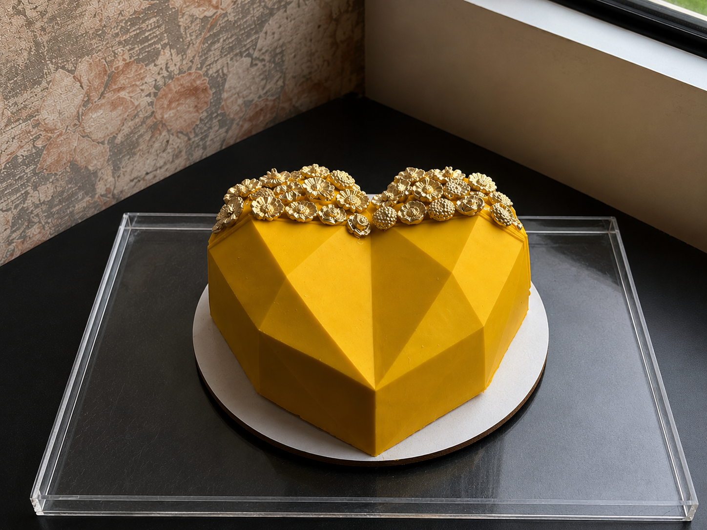 Yellow Heart Cake with Flowers
