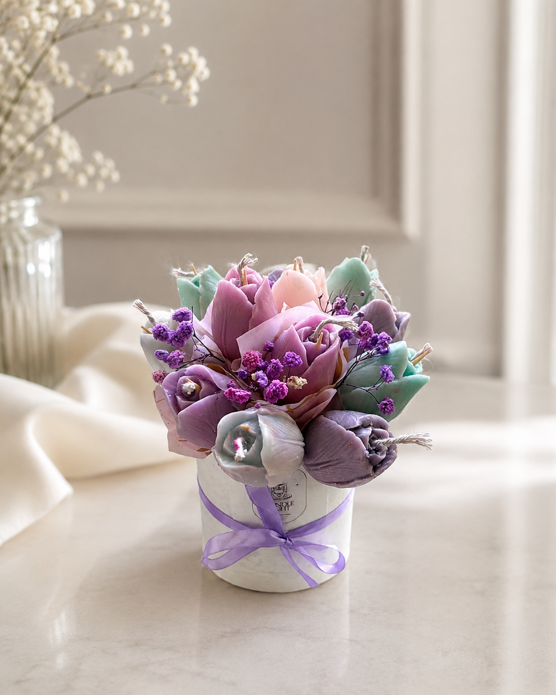 Orange & Purple Floral Candle Arrangement