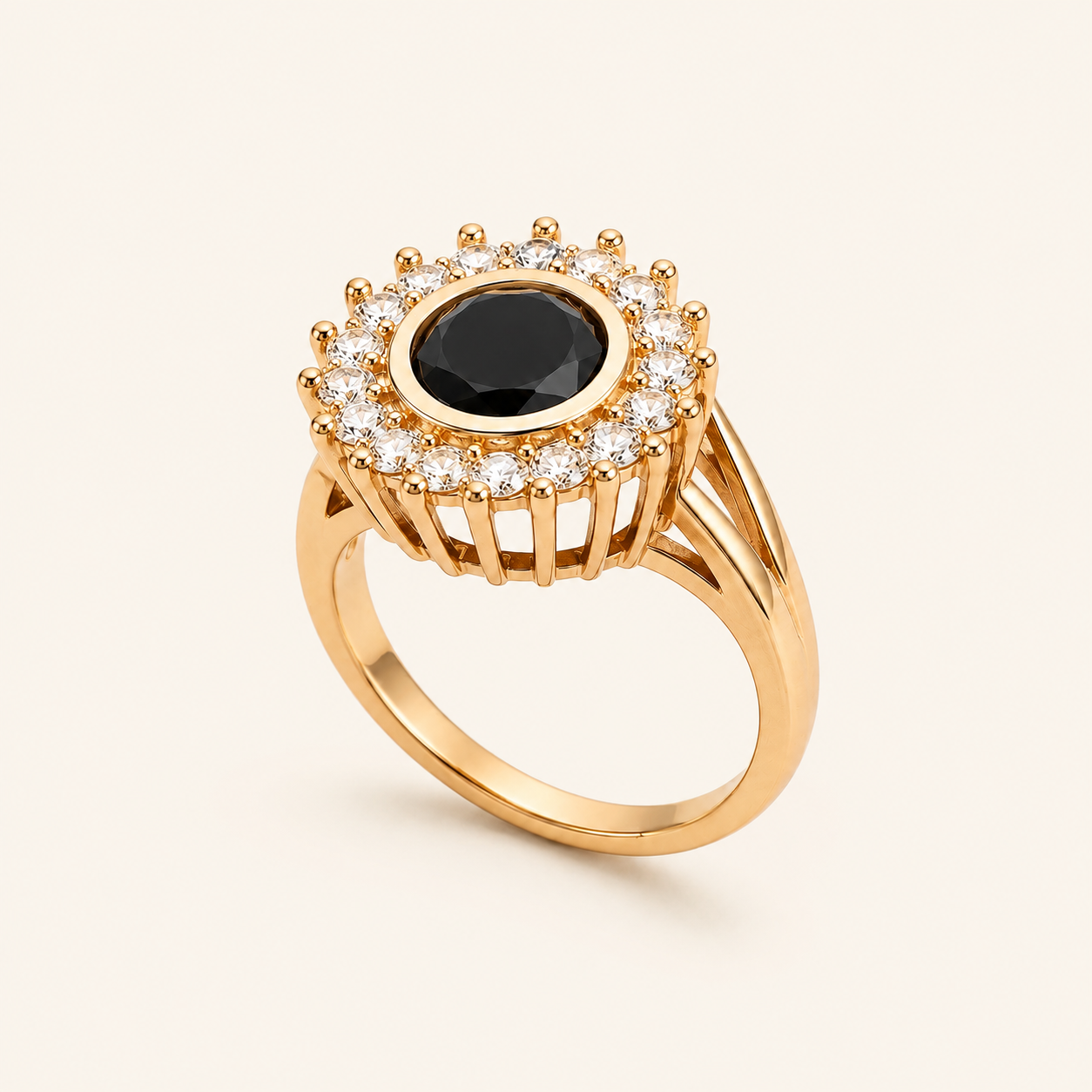 Gold-Tone Black Stone Halo Ring