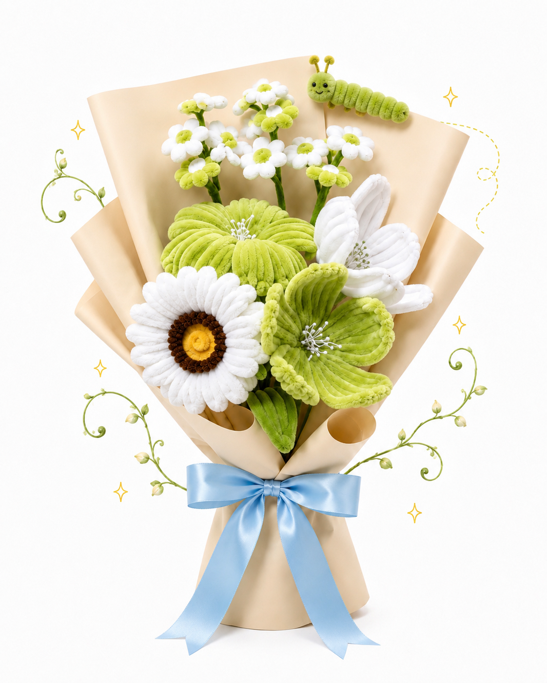Green & White Plush Flower Bouquet