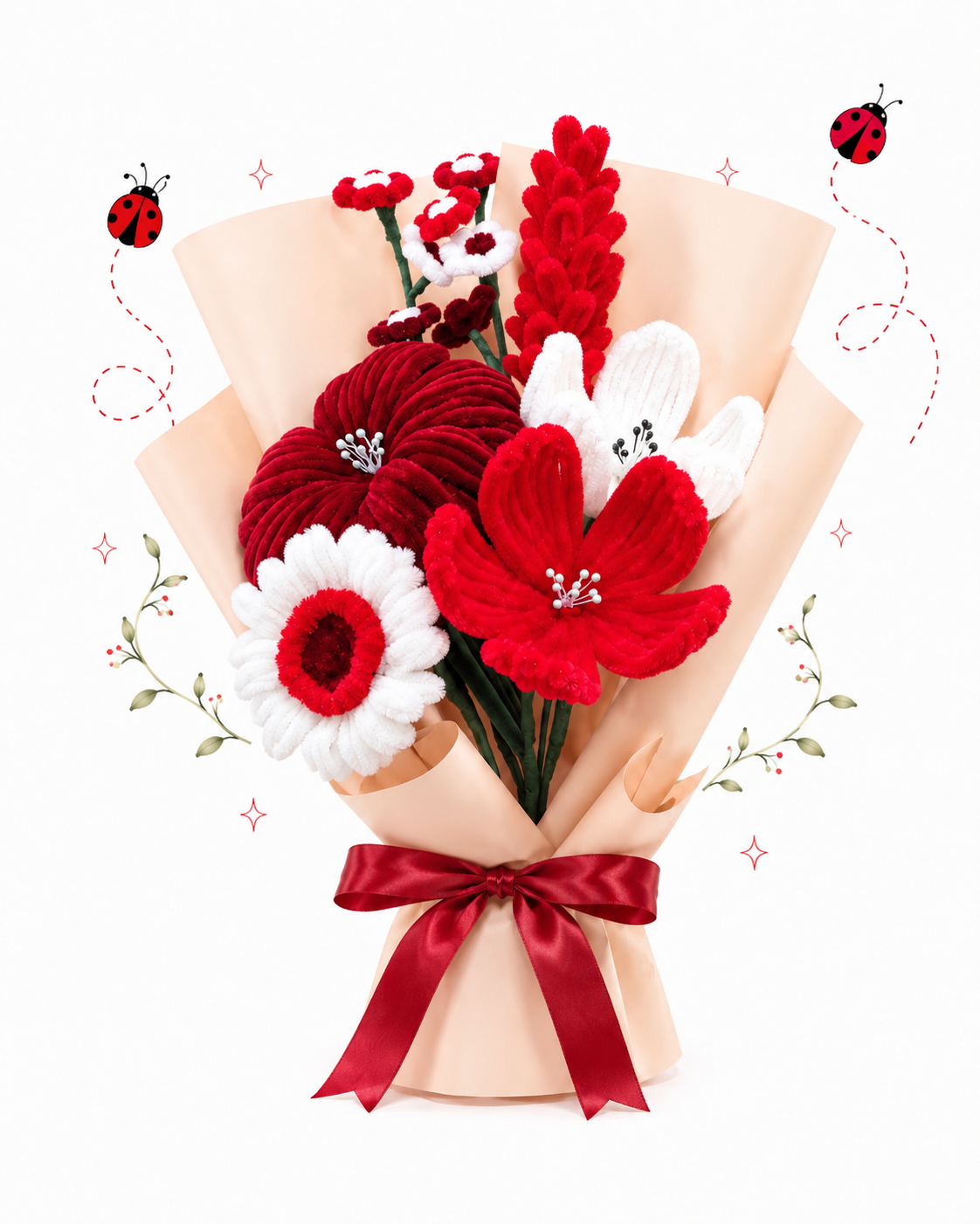 Red & White Plush Flower Bouquet